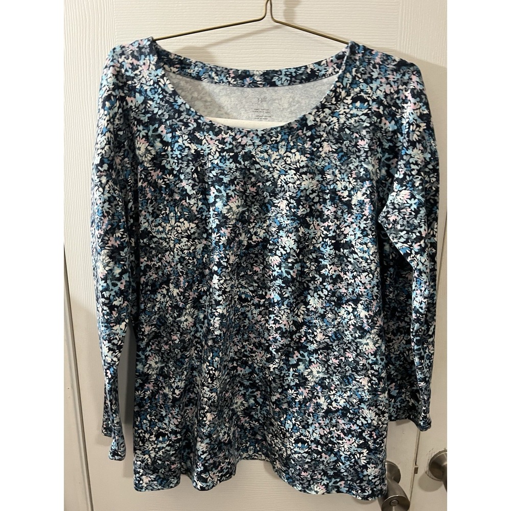 J Jill Simply Supima Large Scoop Neck Tunic Top Blue Floral 3/4 Sleeve Soft Knit